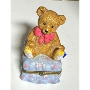 Vintage SCC Collectible Porcelain Teddy Bear On Ottoman Hinged Trinket Box